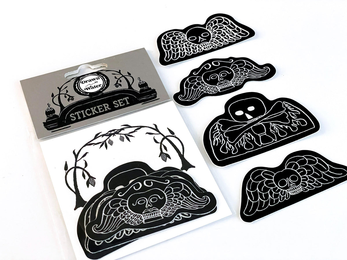 Momento Mori Vinyl Stickers - Death's Head Gravestone Art, Set of 4