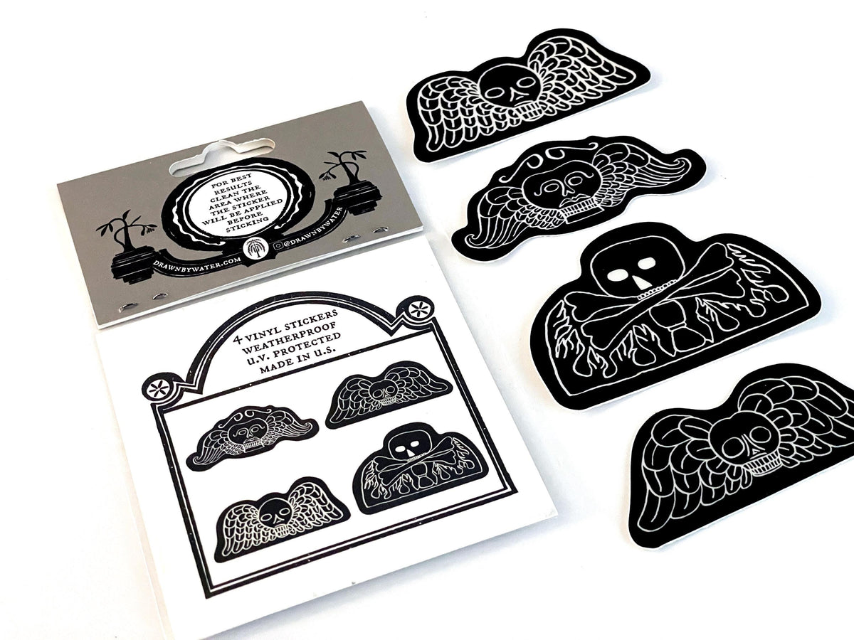 Momento Mori Vinyl Stickers - Death's Head Gravestone Art, Set of 4