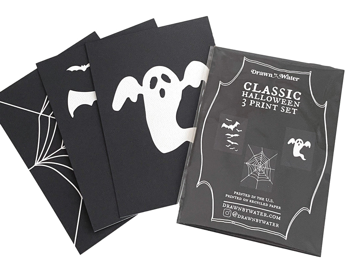 Halloween Classic Icon Art Print Set: Ghost, Bats, Spiderweb (5x7 inch) Spooky