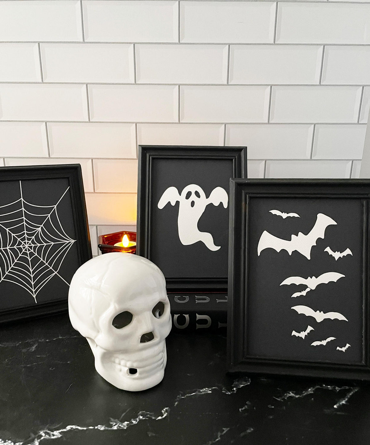 Halloween Classic Icon Art Print Set: Ghost, Bats, Spiderweb (5x7 inch) Spooky