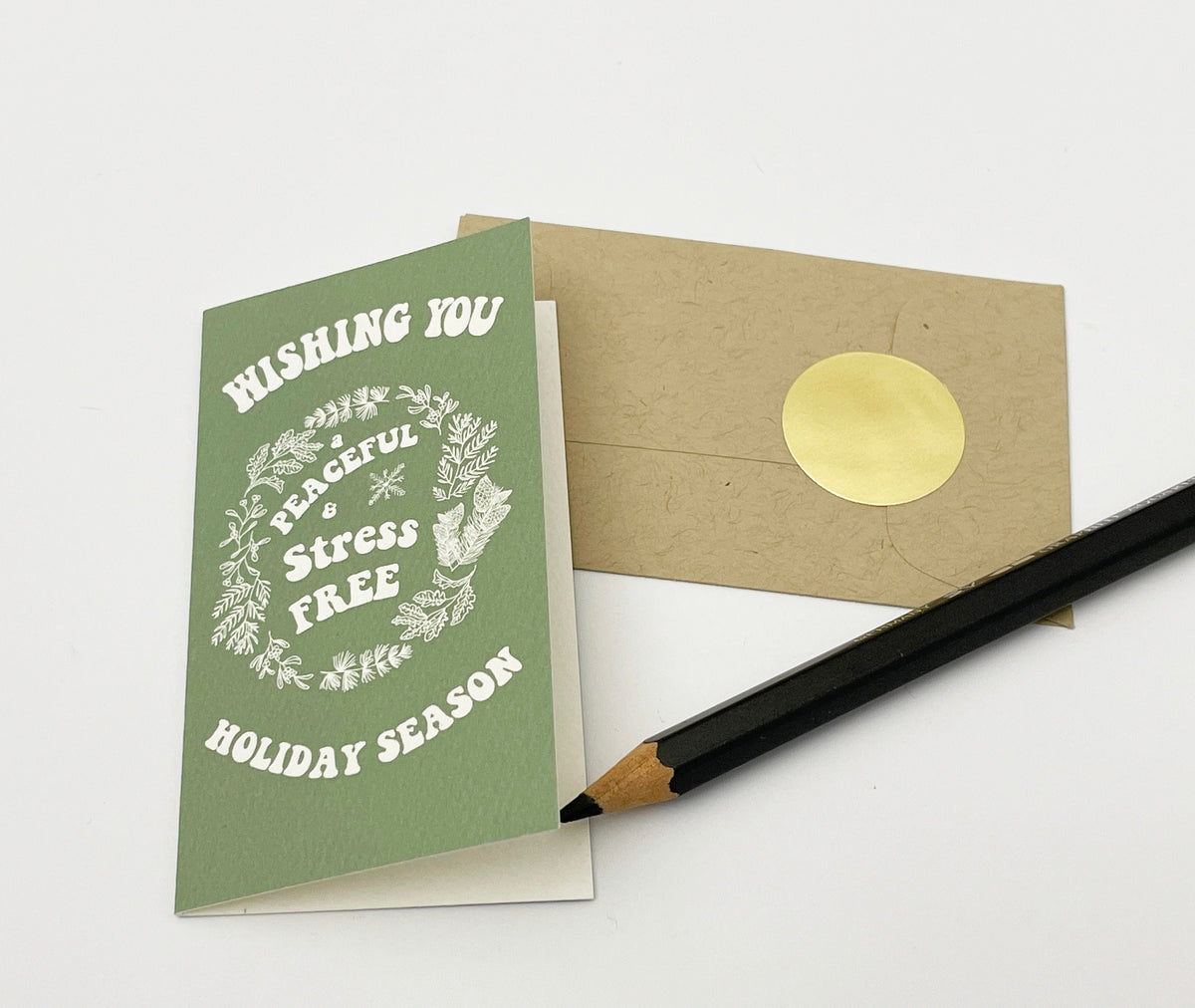 Peaceful Holiday Mini Card | Green, Kraft Envelope & Gold Sticker