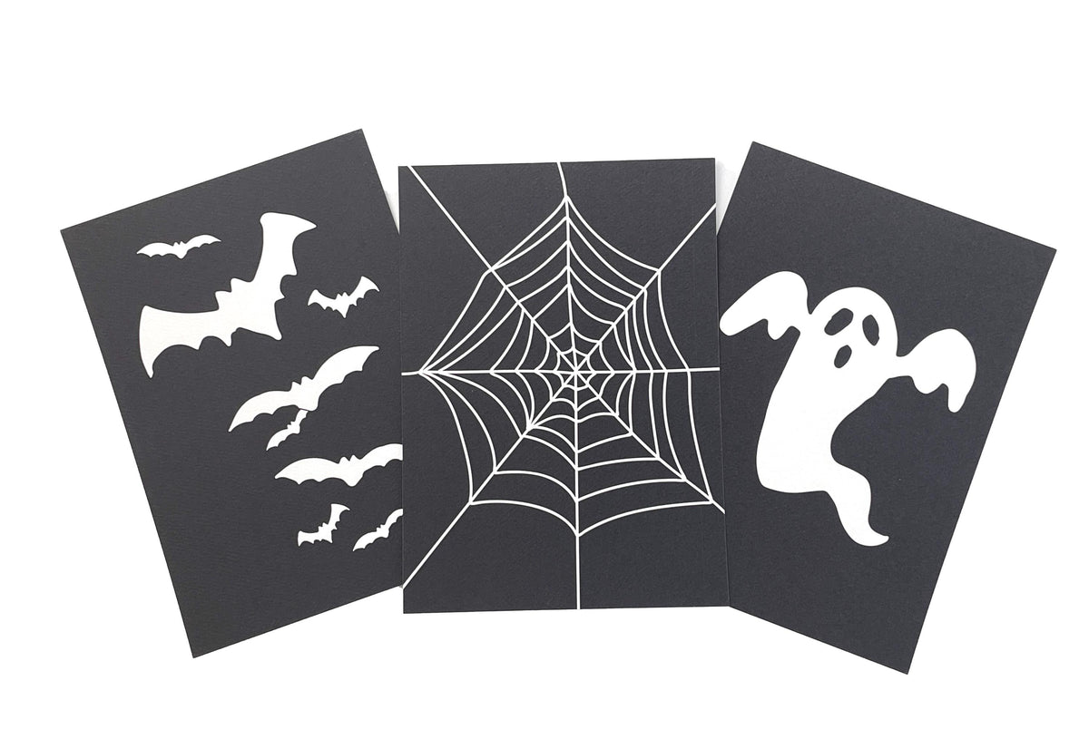 Halloween Classic Icon Art Print Set: Ghost, Bats, Spiderweb (5x7 inch) Spooky
